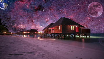Картинка космос разное другое планеты звездное небо бунгало пляж ночь океан