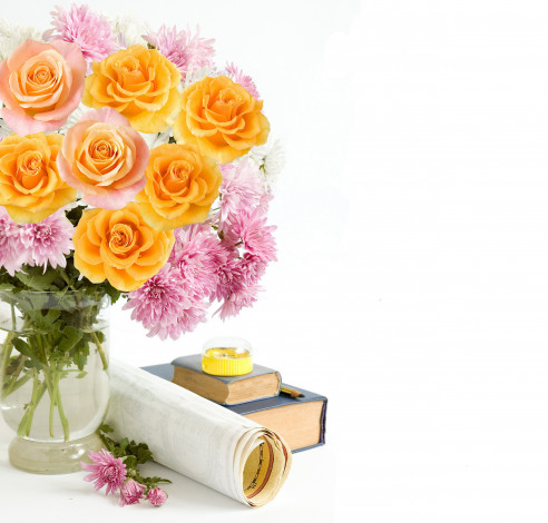 Обои картинки фото праздничные, день, знаний, хризантемы, розы, карандаш, книги, точилка