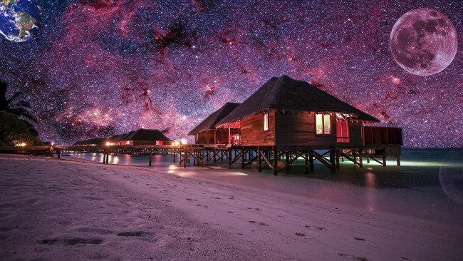 Обои картинки фото космос, разное, другое, планеты, звездное, небо, бунгало, пляж, ночь, океан