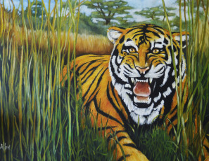 обоя рисованные, животные,  тигры, тигр, оскал, трава