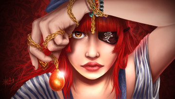 Картинка рисованные люди красные волосы повязка лицо браслеты пират рука взгляд девушка майка