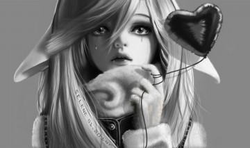 Картинка аниме -animals+&+creatures веревочка сердце черно-белое рука слезы глаза взгляд арт