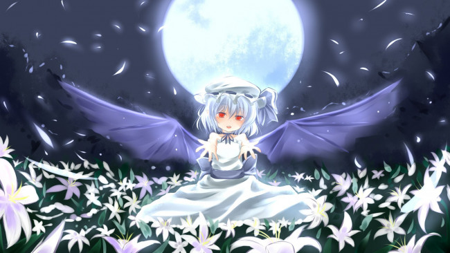 Обои картинки фото аниме, touhou, взгляд, девушка, цветы, луна, крылья