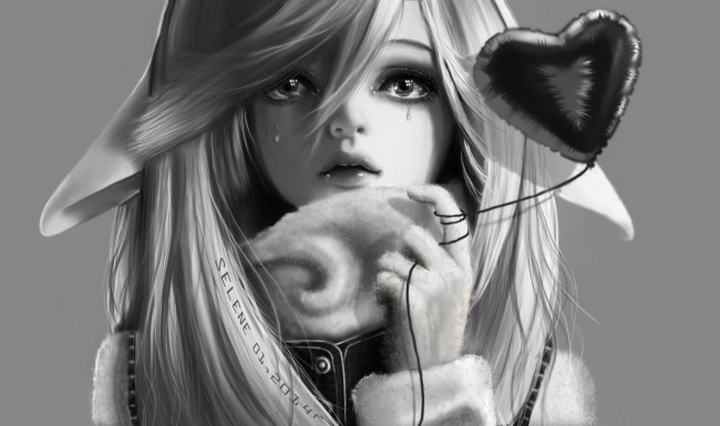 Обои картинки фото аниме, -animals & creatures, веревочка, сердце, черно-белое, рука, слезы, глаза, взгляд, арт