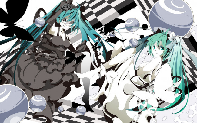 Обои картинки фото аниме, vocaloid, hatsune, miku, шары, бант, бабочки, платье, шахматная, доска, маска, белое, черное, девушки