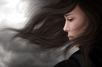 Картинка 3д+графика портрет+ portraits девушка брюнетка волосы ветер профиль грусть печаль