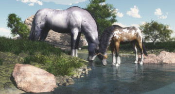 Картинка 3д+графика животные+ animals река лошади
