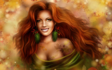Картинка 3д+графика люди+ people волосы листья рыжая улыбка осень девушка