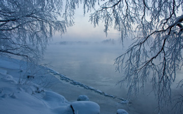 Картинка природа зима снег деревья дымка лед река