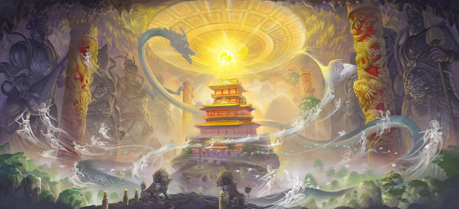 Обои картинки фото фэнтези, призраки, дух, пещера, храм, lei, sheng, арт, статуи, колонны, сфера, магия, драконы, азия