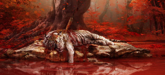 Обои картинки фото видео игры, far cry 4, лес, озеро, камень, кровь, тигр