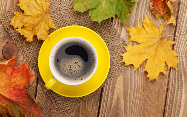 Обои картинки фото еда, кофе,  кофейные зёрна, осень, осенние, листья, клён, чашка, maple, cup, leaves, coffee, fall, autumn