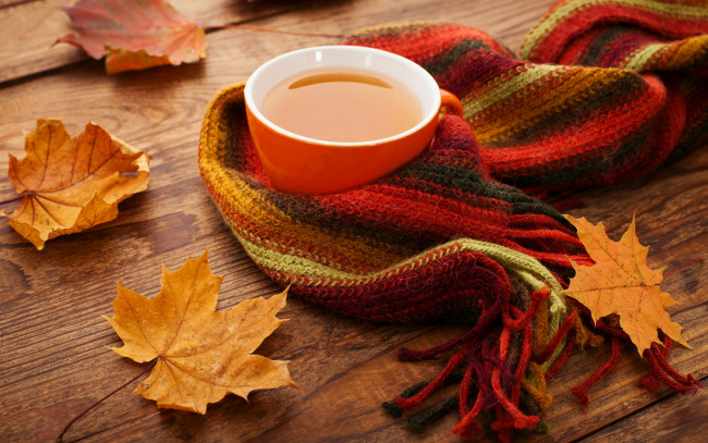 Обои картинки фото еда, напитки,  Чай, cup, maple, leaves, осень, чашка, клён, осенние, листья, scarf, tea, fall, autumn
