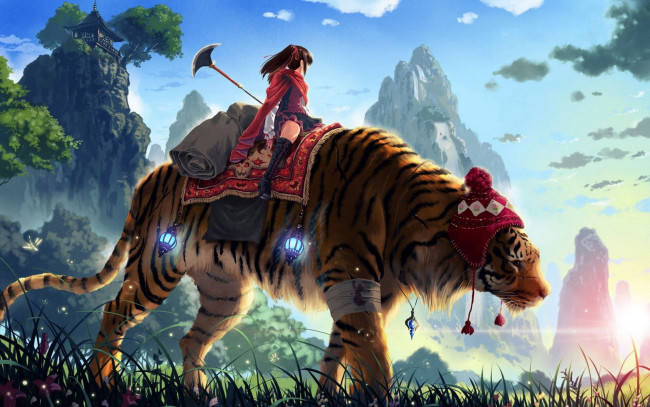 Обои картинки фото фэнтези, красавицы и чудовища, азиатка, девушка, тигр
