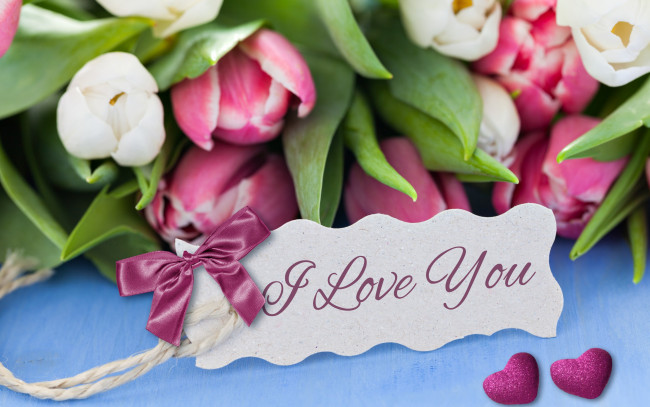 Обои картинки фото праздничные, день святого валентина,  сердечки,  любовь, i, love, you, romantic, hearts, tulips, flowers, тюльпаны, букет, сердечки, любовь