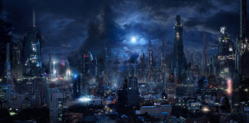 Картинка фэнтези иные+миры +иные+времена будущее небо облака город небоскребы ночь мегаполис фантастика