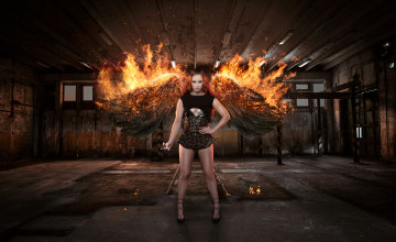 обоя фэнтези, фотоарт, огонь, девушка, зажигалка, крылья, ангел