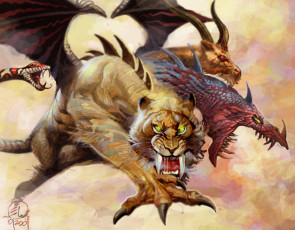 Картинка фэнтези существа wings tora tusks tiger chimera predator dragon mythology goat claws scales monster snake lion