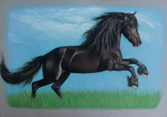 обоя рисованное, животные, трава, фон, конь
