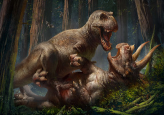 Картинка рисованное животные +доисторические драка существа лес фон