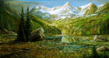 Картинка рисованные природа пейзаж горы олени