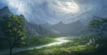Картинка рисованные bruce mashbat деревья трава река облака мост горы долина пейзаж небо