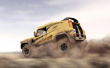 Картинка спорт авторалли пыль скорость пустыня в движении land rover defender внедорожник dakar