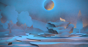 Картинка рисованные животные +волки деревья скала луна волк
