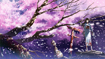 Картинка аниме -weapon +blood+&+technology дерево юката самурай девушка justminor оружие катана воин лепестки цветение сакура