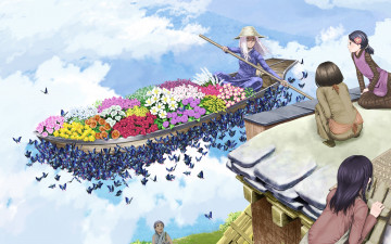 Картинка аниме *unknown+ другое цветы дом небо облака бабочки продавец весло девушки лодка шляпа крыша