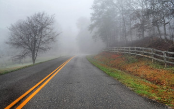 Картинка природа дороги пейзаж забор туман