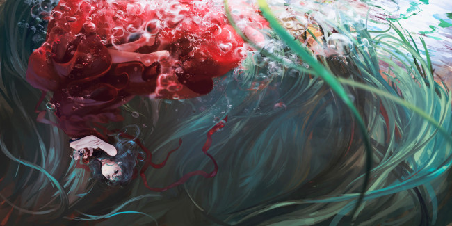 Обои картинки фото аниме, touhou, kagiyama, hina, девушка, арт, пузырьки, водоросли, тоухоу, вода