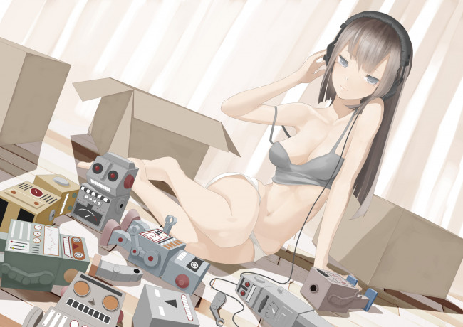 Обои картинки фото аниме, -headphones & instrumental, throtem, девушка, шторы, игрушки, коробки, роботы, комната, наушники