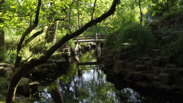 Картинка природа парк водоем деревья мостик камни