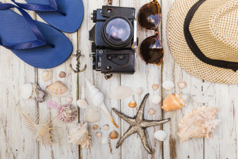 Картинка разное одежда +обувь +текстиль +экипировка море лето аксессуары фотоаппарат сланцы очки ракушка