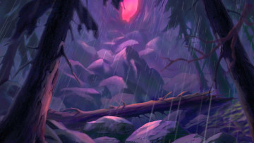 Картинка рисованное природа деревья камни дождь