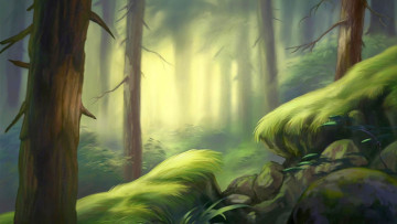 Картинка рисованное природа деревья камни лес