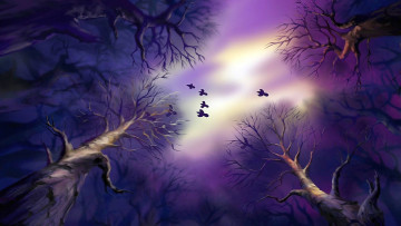 Картинка рисованное природа деревья птица небо