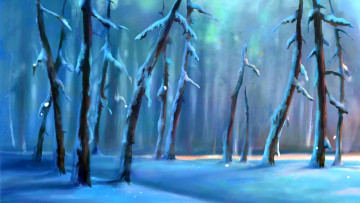 обоя рисованное, природа, деревья, снег, лес