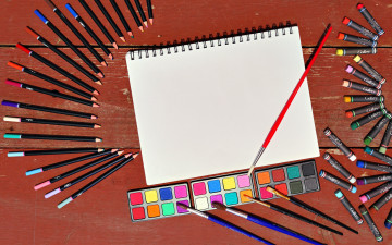 Картинка разное канцелярия +книги краски кисточки фломастеры блокнот карандаши