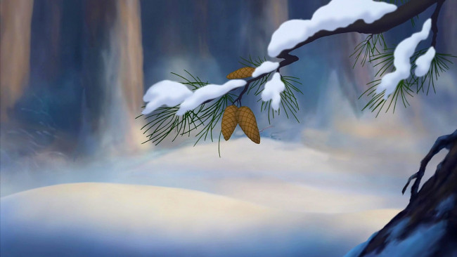 Обои картинки фото рисованное, природа, шишка, ветки, снег, деревья