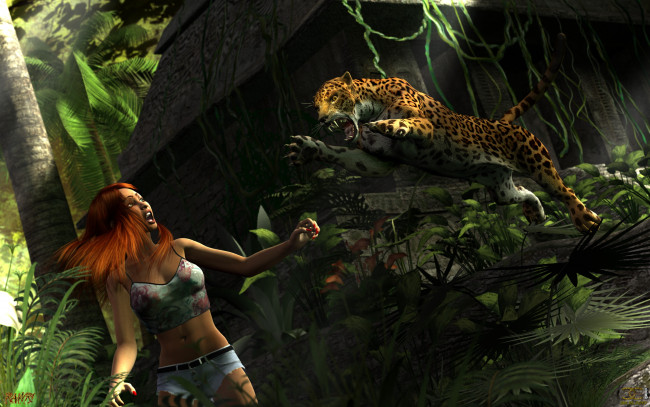 Обои картинки фото 3д графика, фантазия , fantasy, взгляд, девушка, фон, тигр