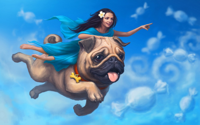 Обои картинки фото рисованное, дети, собака, девочка, цветок, облака