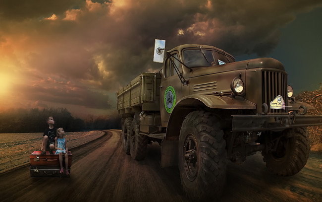 Обои картинки фото юмор и приколы, грузовик, дорога, дети