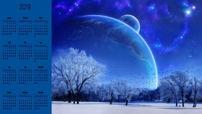 Обои картинки фото календари, компьютерный дизайн, зима, планета, снег, деревья