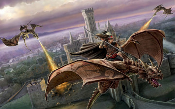 обоя фэнтези, драконы, всадники, нападение, замок, город