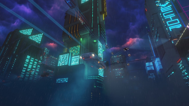 Обои картинки фото видео игры, cloudpunk, будущее, город, огни, машины, тучи