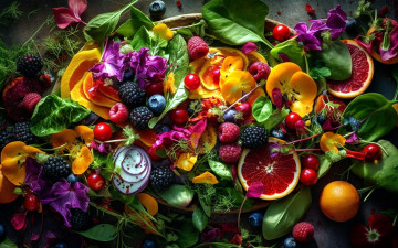 обоя еда, фрукты,  ягоды, малина, ежевика, вишни, грейпфрут, цветы