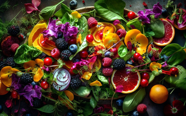 Обои картинки фото еда, фрукты,  ягоды, малина, ежевика, вишни, грейпфрут, цветы