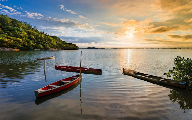 Обои картинки фото корабли, лодки,  шлюпки, озеро, закат